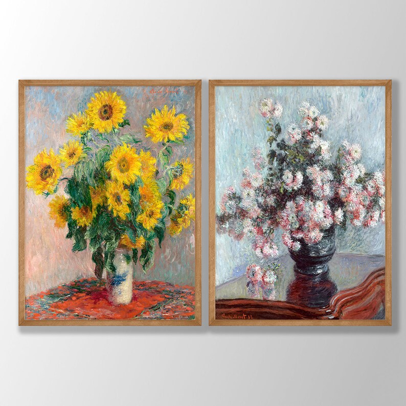 May include: Two framed paintings of floral arrangements. The left painting features a bouquet of yellow sunflowers in a white vase on a red tablecloth. The right painting features a bouquet of white and pink flowers in a dark gray vase on a dark brown table.