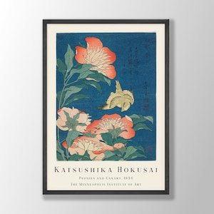Póster de Katsushika Hokusai: Peonías y canario, pájaro-flor japonés, impresión de Hokusai, arte botánico de aves, arte mural de Hokusai, impresión de arte japonés