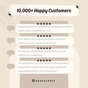 May include: Image of customer reviews for an Etsy shop. The reviews are all positive and mention the quality of the products, the speed of shipping, and the excellent customer service. The shop name is "venusseart".