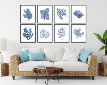 Set van 8 indigoblauwe koraalprints - Coastal Cottage Art, decor strandhuis