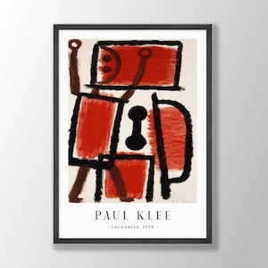 Puede incluir: Impresión de arte abstracto con una figura geométrica roja y negra con el título "Locksmith, 1940" de Paul Klee.