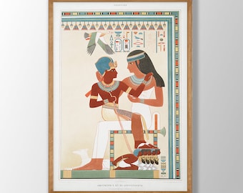 May include: A painting depicting an Egyptian pharaoh and his queen. The pharaoh is seated on a throne, while the queen stands behind him. The painting is framed in a wooden frame and has the text "PEINTURE" and "AMONOPH II ET SA GOUVERNANTE" at the top and bottom.