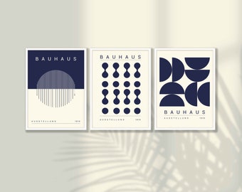 Blå Bauhaus-konsttryck, set med 3 - Bauhaus-väggkonst, väggdekoration i mitten av århundradet
