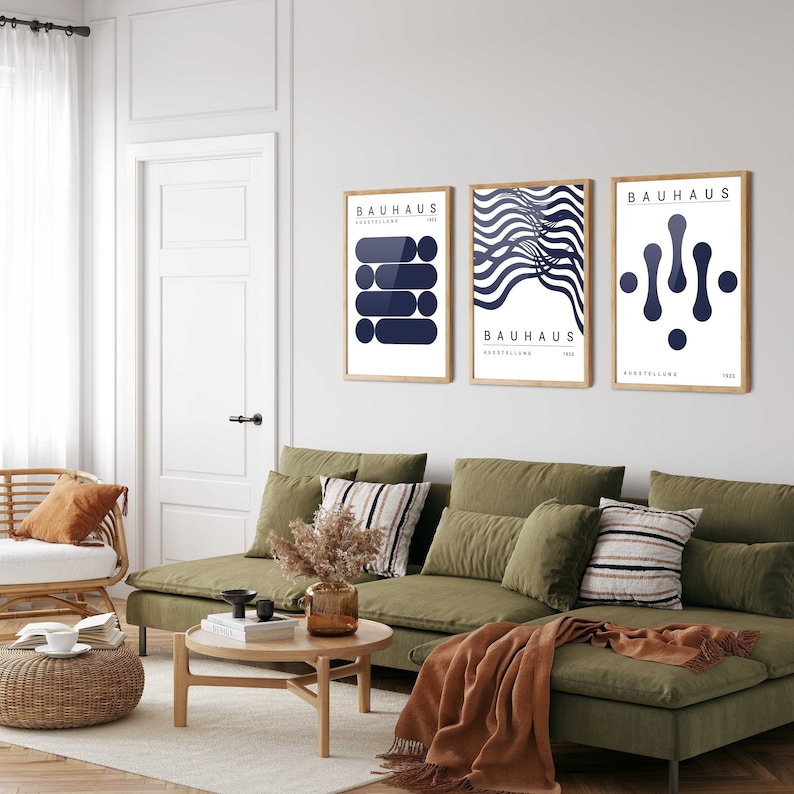 Blå Bauhaus-konsttryck, set med 3: Modern heminredning från mitten av århundradet bild 1