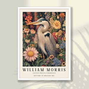William Morris Heron Print No2 | William Morris Poster, Bird Poster, Heron Wall Art, Mid Century Exhibition Poster - FRAME and CANVAS