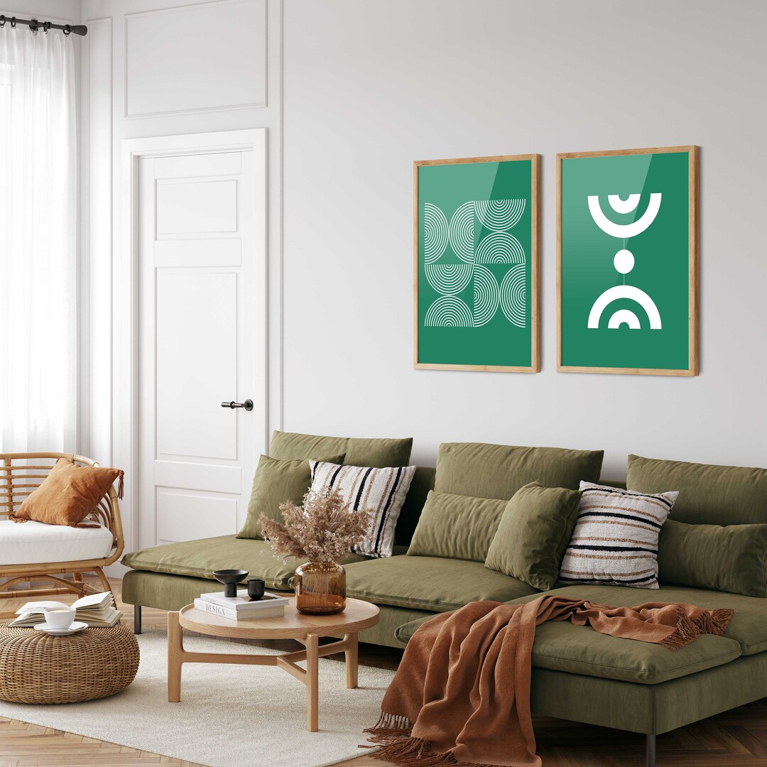 Green Geometric Prints Set of 2 - Mid Century Modern Abstract Wall Art ...