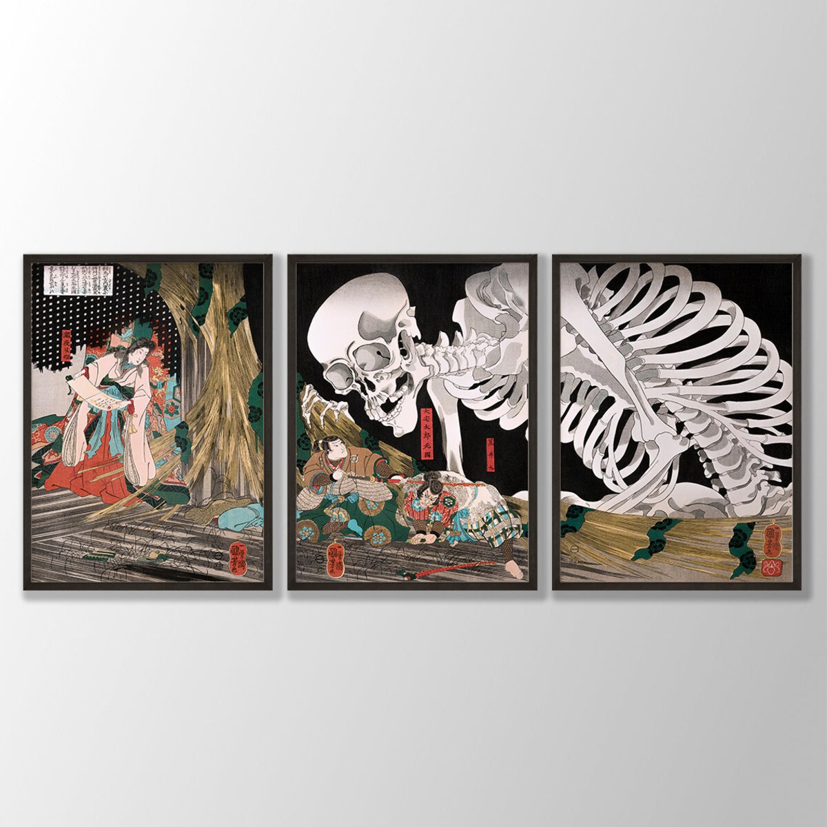 Japanese Prints Set of 3 - Japanese Skeleton Poster, Woodblock Art, Japanese Wall Art, Gallery Wall Art, Utagawa Kuniyoshi Prints - Etsy