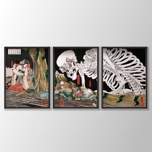 Japanese Prints Set of 3 - Japanese Skeleton Poster, Woodblock Art, Japanese Wall Art, Gallery Wall Art, Utagawa Kuniyoshi Prints