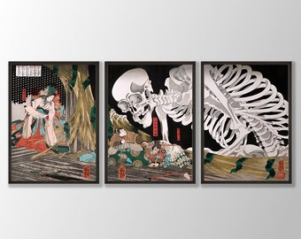 Ensemble de 3 estampes japonaises - affiche squelette japonais, gravure sur bois, art mural japonais, art mural de galerie, estampes Utagawa Kuniyoshi