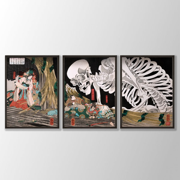 Japanische Drucke 3er-Set - Japanisches Skelett-Poster, Holzschnittkunst, japanische Wandkunst, Galerie-Wandkunst, Utagawa Kuniyoshi-Drucke