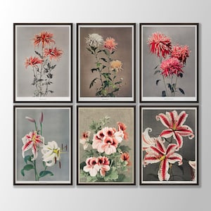 Japanese Flower Prints Set of 6 - Vintage Flower Wall Art, Japanese Wall Art, Botanical Poster, Floral Art Print, Kitchen Art Print