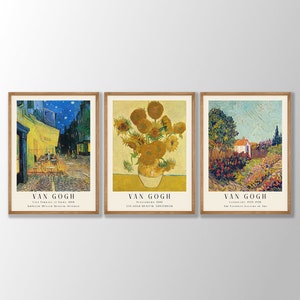 Van Gogh Prints Set of 3 No:5 - Van Gogh Poster, Sunflowers, Cafe Terrace, Van Gogh Wall Art, Gallery Wall Art, Museum Exhibition Poster