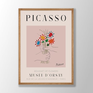 Impression d'art au trait Picasso - impression de bouquet de fleurs, affiche de l'exposition Pablo Picasso, esquisses en une ligne de Picasso, oeuvre d'art pour le salon, grande taille