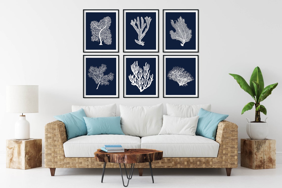 Navy Blue Coral Prints: Coastal Nautical Art Set of 6 - Etsy