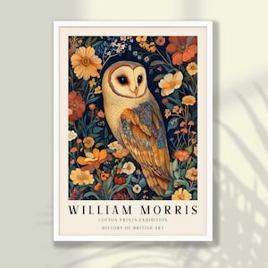 William Morris Owl Print | William Morris Poster, Owl Poster, Owl Wall Decor, Mid Century Exhibition Poster - FRAME and CANVAS
