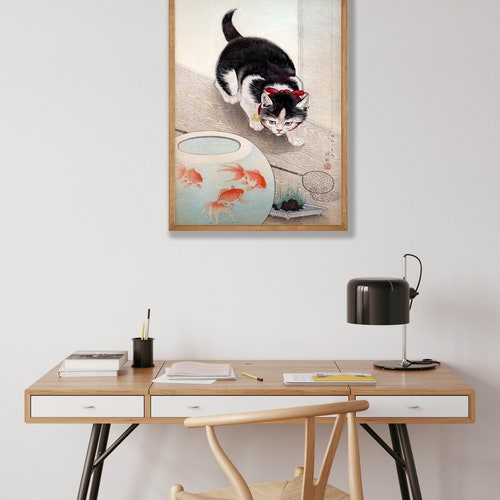 Impression d'art japonaise Ohara Koson - Bol avec chat et poisson rouge Poster