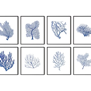 Indigoblauw koraal wordt afgedrukt Set van 8 - afdrukken blauwe zeekoraal, kustdecor, decor strandhuisje, kustkunst, kustafdrukken, nautische kunst
