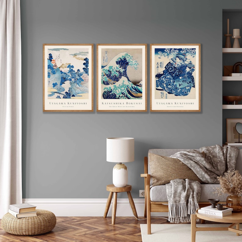 Japanese Prints Set of 3 Woodblock Art, Japanese Wall Art, Gallery Wall Art, Kanagawa Print, Great Wave Print, Hokusai Prints, Ukiyo-e image 3