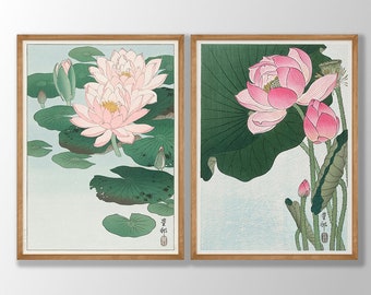 Japanese Flower Art Prints Set of 2 - Water Lily Print, Lotus Print, Ohara Koson Prints, Pink Botanical Print, Kitchen Print,Farmhouse Decor
