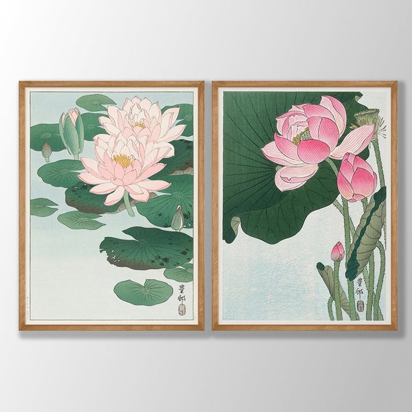 Japanese Flower Art Prints Set of 2 - Water Lily Print, Lotus Print, Ohara Koson Prints, Pink Botanical Print, Kitchen Print,Farmhouse Decor