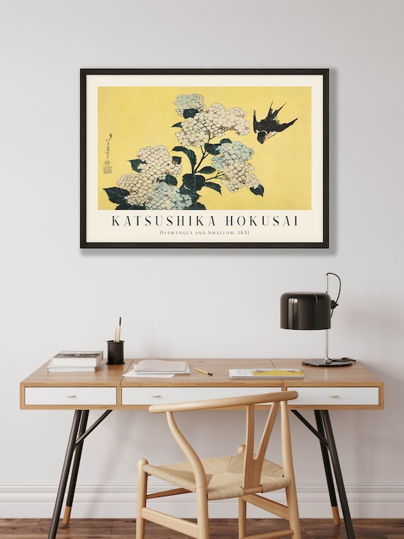 葛飾北斎版画 - 紫陽花とツバメ、日本のアートポスター - Etsy 日本