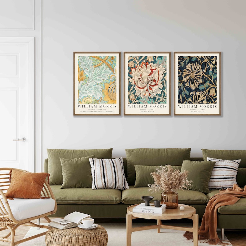 May include: Three framed prints of floral patterns by William Morris. The prints feature a blue and green floral pattern, a red and white floral pattern, and a blue and gold floral pattern.
