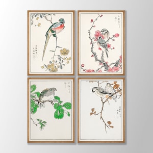 Japanese Bird Print Set of 4 - Vintage Bird Art, Japanese Flower Botanical Art, Gallery Wall Art, Natural History Art, Asian Wall Art