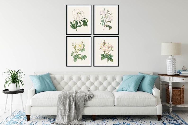 May include: Four framed botanical prints featuring white roses and peonies on a white background. The prints are arranged in a grid pattern on a white wall above a white sofa with blue pillows.