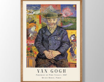 May include: A framed poster of a painting by Vincent van Gogh titled "Portrait of Père Tanguy, 1887". The painting depicts a man with a beard wearing a blue jacket and a green hat, sitting in a chair. The background is a colourful abstract design.