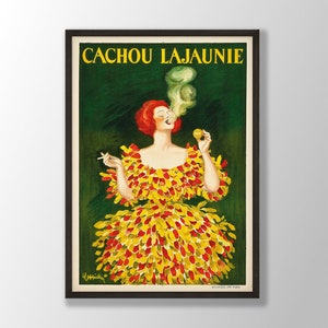 May include: Vintage poster advertising Cachou Lajaunie, a French brand of cough drops. The poster features a woman in a yellow and red dress with a cigarette in her hand and a cloud of smoke above her head. The text "Cachou Lajaunie" is written in large letters at the top of the poster.