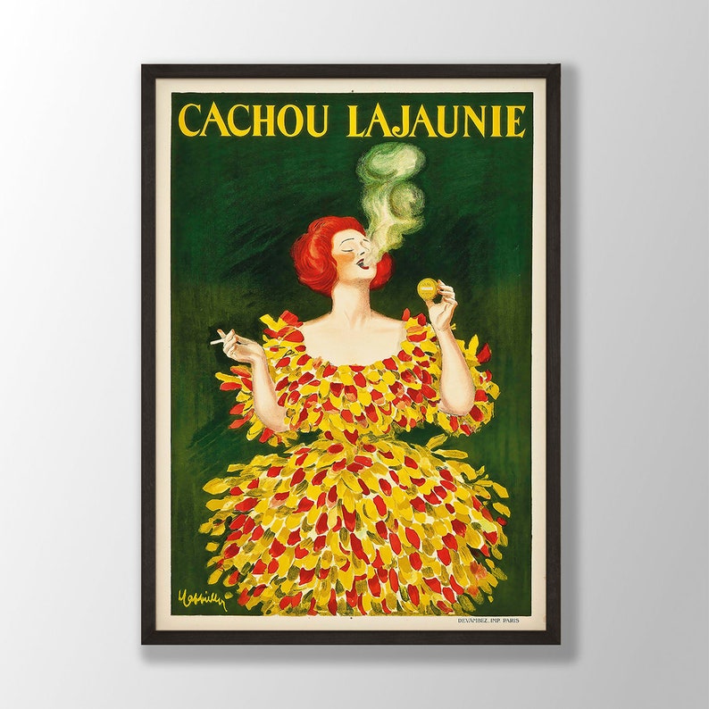 May include: Vintage poster advertising Cachou Lajaunie, a French brand of cough drops. The poster features a woman in a yellow and red dress with a cigarette in her hand and a cloud of smoke above her head. The text "Cachou Lajaunie" is written in large letters at the top of the poster.