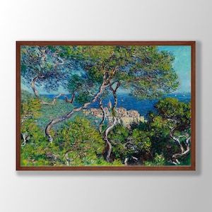 May include: A painting of a coastal town viewed from a hillside, with lush green trees in the foreground and a blue sea in the background. The trees have twisting branches and the town is painted in a vibrant palette of yellows, oranges, and reds.
