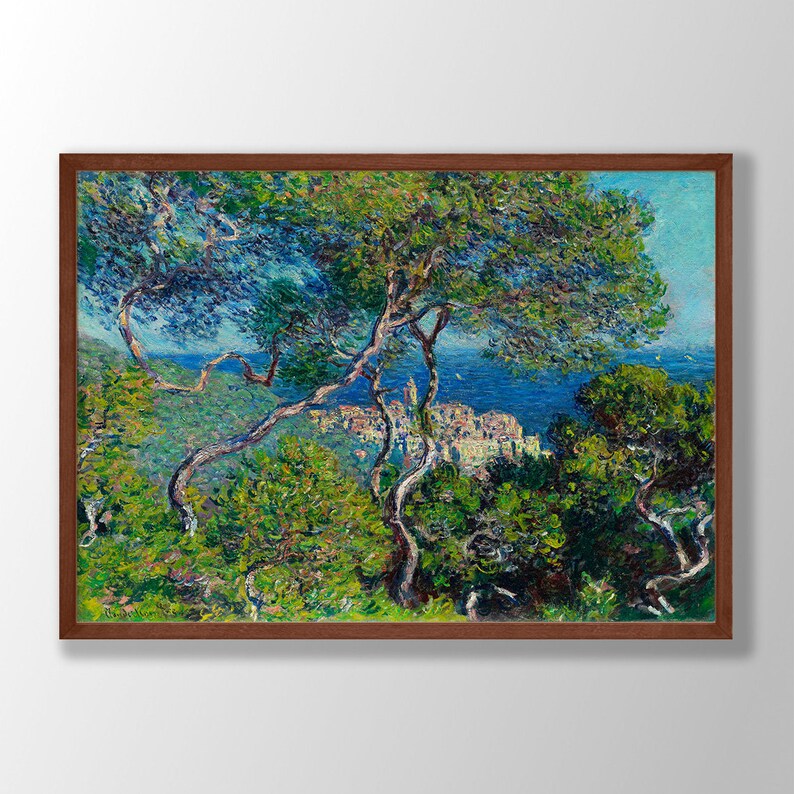 May include: A painting of a coastal town viewed from a hillside, with lush green trees in the foreground and a blue sea in the background. The trees have twisting branches and the town is painted in a vibrant palette of yellows, oranges, and reds.