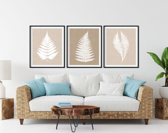 Set di 3 stampe botaniche di felce: decorazione murale rustica in stile fattoria color crema