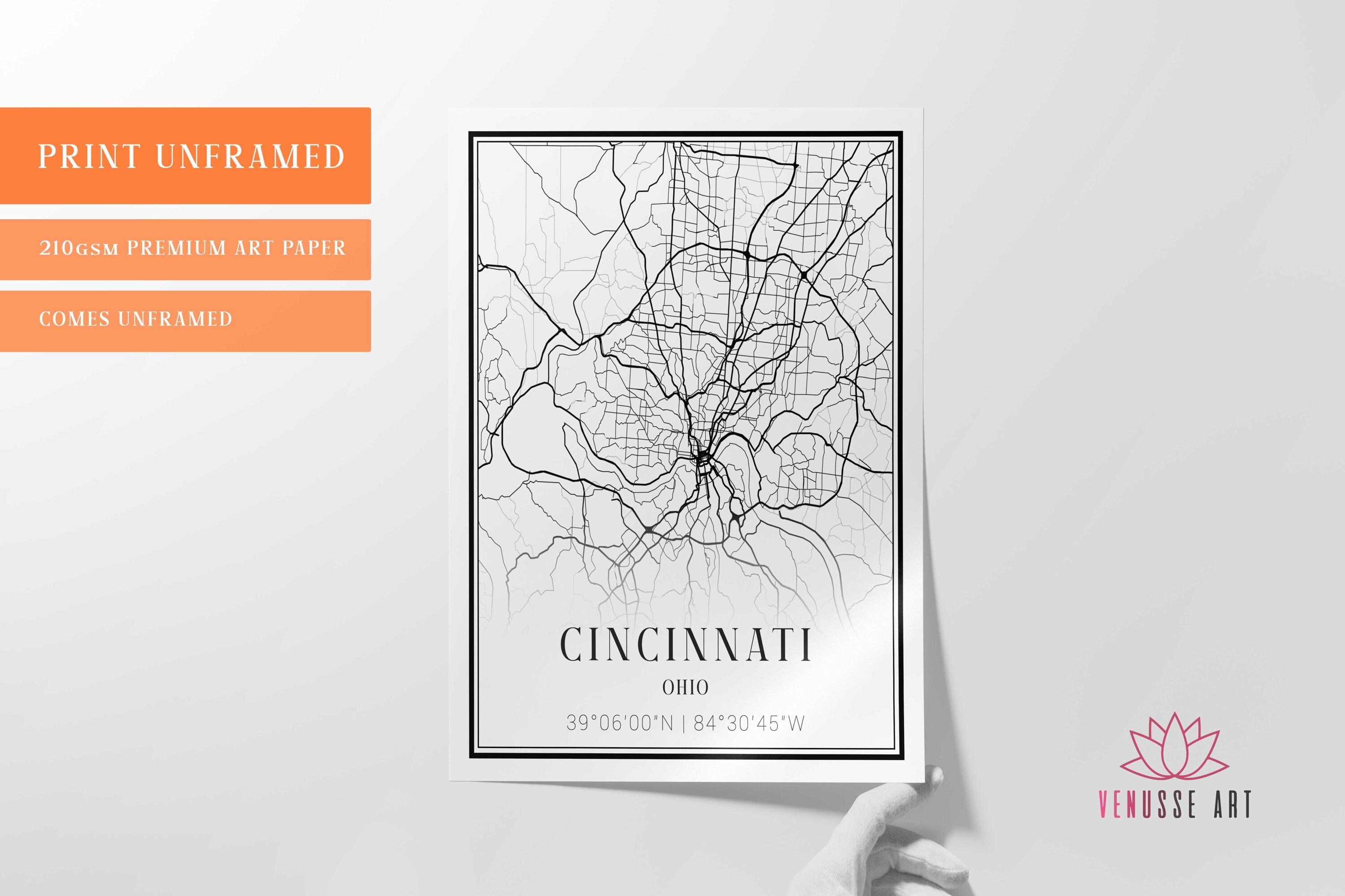 Cincinnati City Map Print: Minimalist Ohio Travel Poster, Frame ...