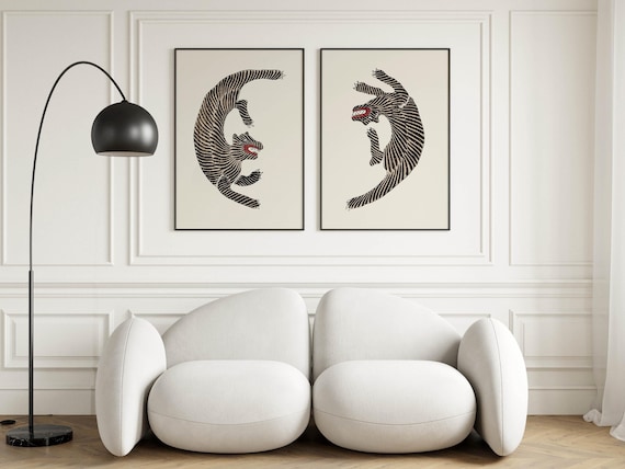 Japanese Tiger Art Prints Set of 2 - Japanese Wall Decor, Vintage Tomoki Posters