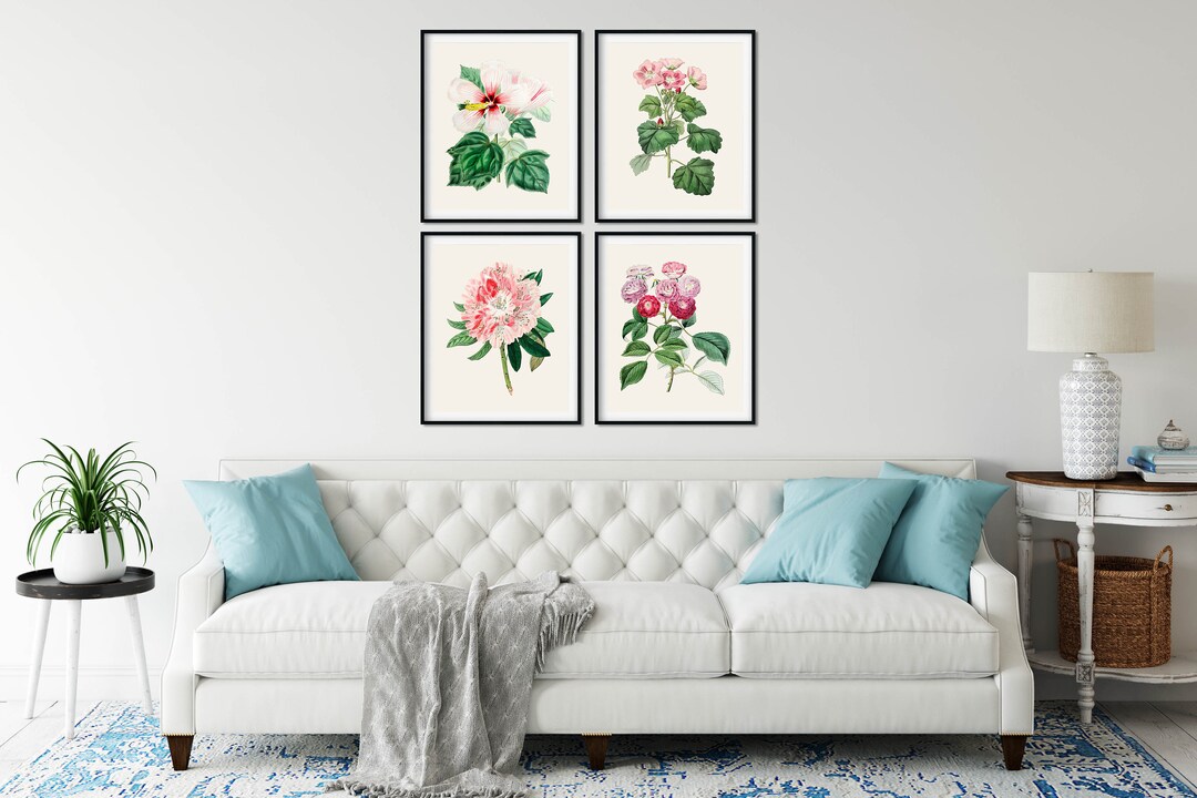 Pink Botanical Print Set of 4 - Redoute Rose, Farmhouse Wall Art - Etsy