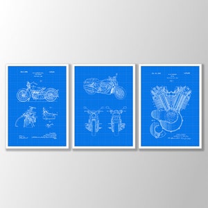 Harley Davidson Patent Prints Set of 3 - Motorcycle Wall Art, Motorcycle Wall Decor, Motorcycle Patents, Mechanic Wall Decor,Garage Wall Art