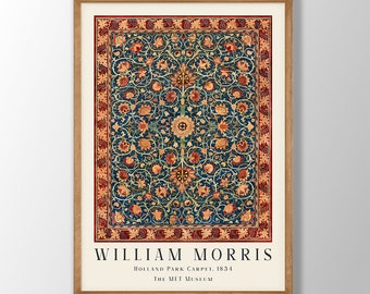 May include: A framed rectangular art print featuring the William Morris Holland Park Carpet design from 1834. The print displays a deep blue background with intricate red and orange floral patterns, enclosed by a decorative border and text.