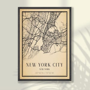 Poster vintage con mappa di New York City - New York Wall Art, New York Print, poster di viaggio, decorazione da parete con mappa - OPZIONI CORNICE E TELA