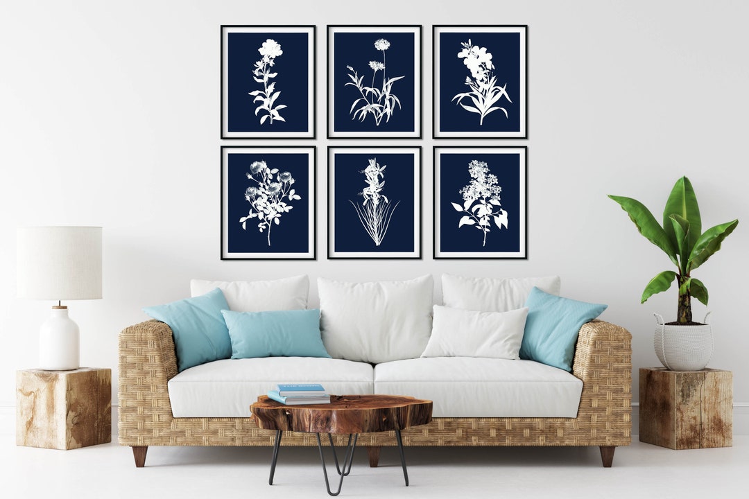 Navy Blue Flower Print Set: Botanical Farmhouse Wall Art - Etsy