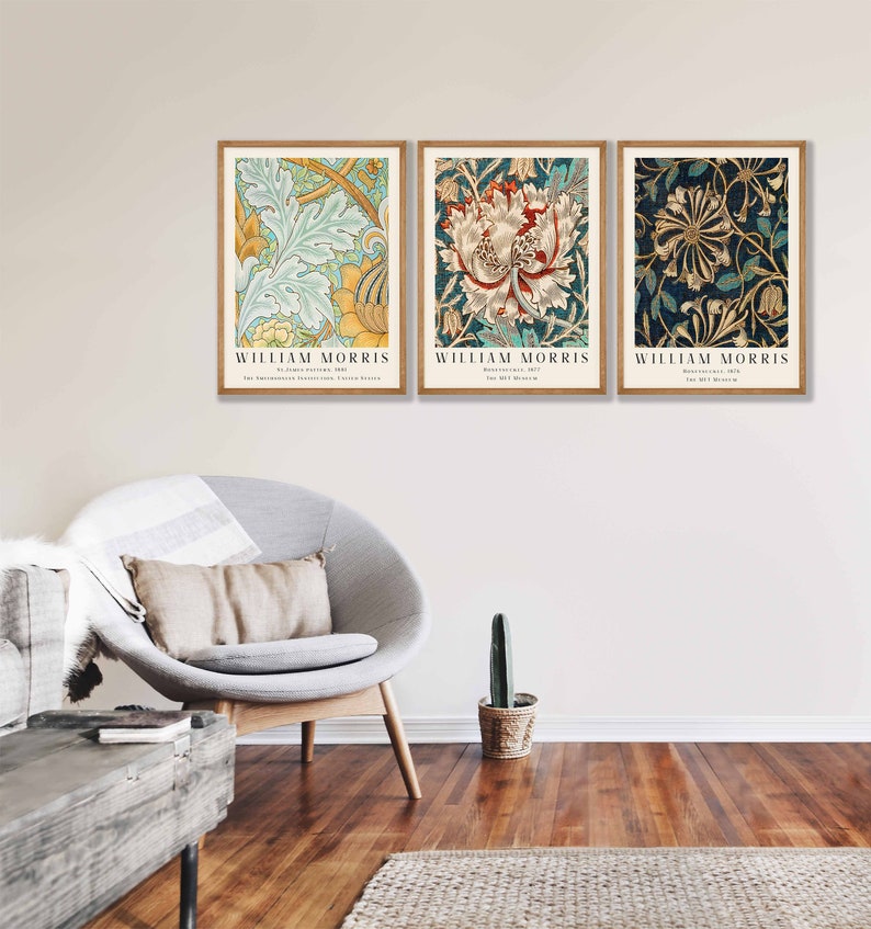 May include: Three framed prints of floral patterns by William Morris. The prints feature a blue and green floral pattern, a red and white floral pattern, and a yellow and gold floral pattern.