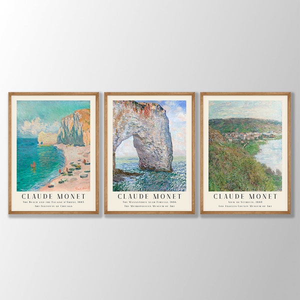 Claude Monet Prints Set van 3 - Kustafdrukken, Monet Poster, Monet Tentoonstelling Poster, Monet Schilderijen, Beach House Decor, Modern Home Decor