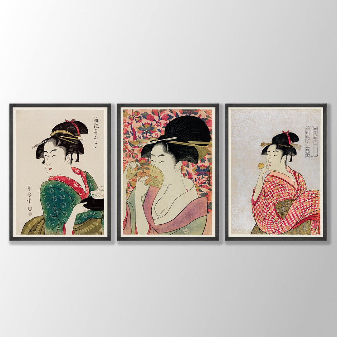 Japanese Geisha Prints Set of 3 No:2 - Woodblock Art, Japanese Wall Art ...