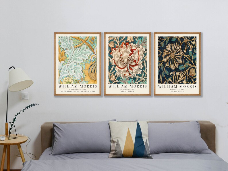 May include: Three framed prints of floral patterns by William Morris. The prints feature intricate designs in shades of green, blue, yellow, and red. Each print includes the artist's name and the title of the work.