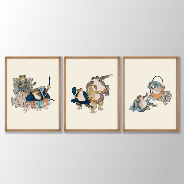 Japanese Frog Prints Set of 3 - Japanese Wall Art, Japanese Decor, Frog Wall Art, Gallery Wall Art, Anime Wall Art, Woodblock Art, Ukiyo-e