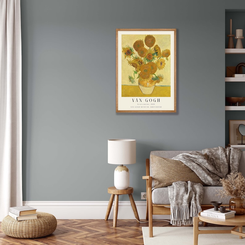 May include: A framed poster of a painting by Vincent van Gogh featuring a vase of sunflowers. The poster is titled "Van Gogh" and includes the text "12 November 1888, Van Gogh Museum Amsterdam".