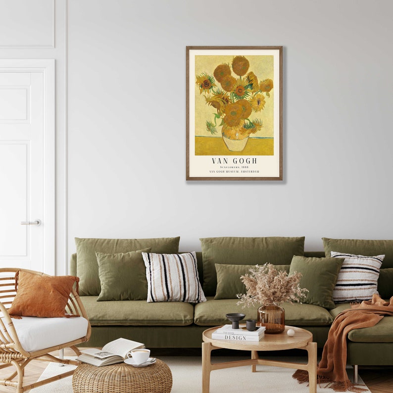 May include: A framed poster of a painting by Vincent van Gogh featuring a vase of sunflowers. The poster is titled "Van Gogh" and includes the text "Sunflowers, 1888, Van Gogh Museum, Amsterdam".