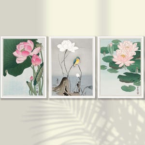Japanese Flower Prints Set of 3 - Ohara Koson Poster, Lotus Flower, Bird Wall Art, Japanese Decor, Gallery Wall Art - FRAMED OPTIONS