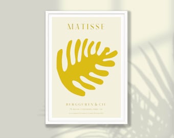 以下が含まれることがあります： 黄色の抽象的な葉のデザインが施されたミニマルなポスター。ポスターの上部には「MATISSE」、下部には「BERGGUREN & CIE」の文字が書かれています。